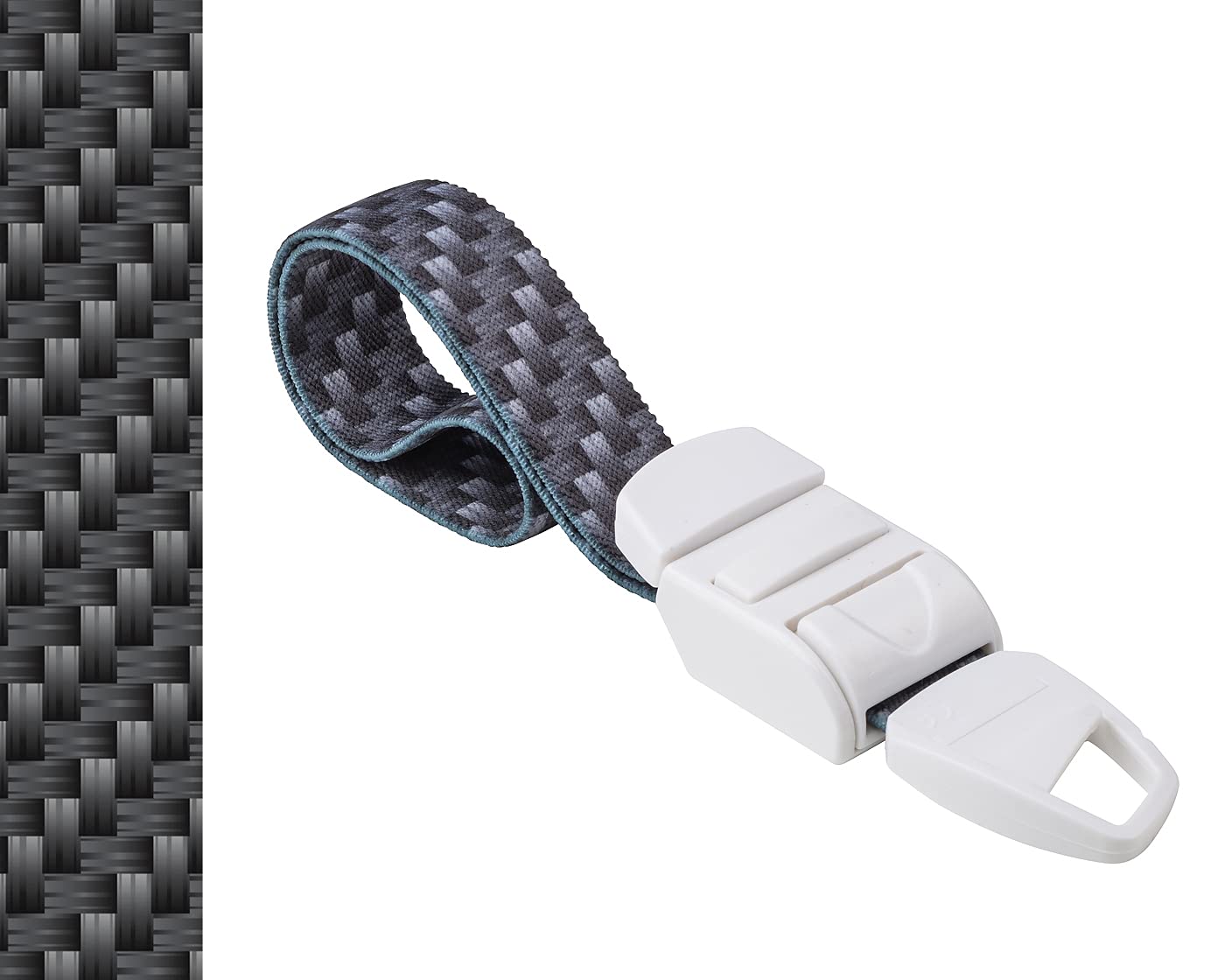 MEDICININIS TURNIKETAS su anglies pluošto raštų juostele ir balta sagtele. Pateikiamas turniketo juostelės rašto paveikslėlis.