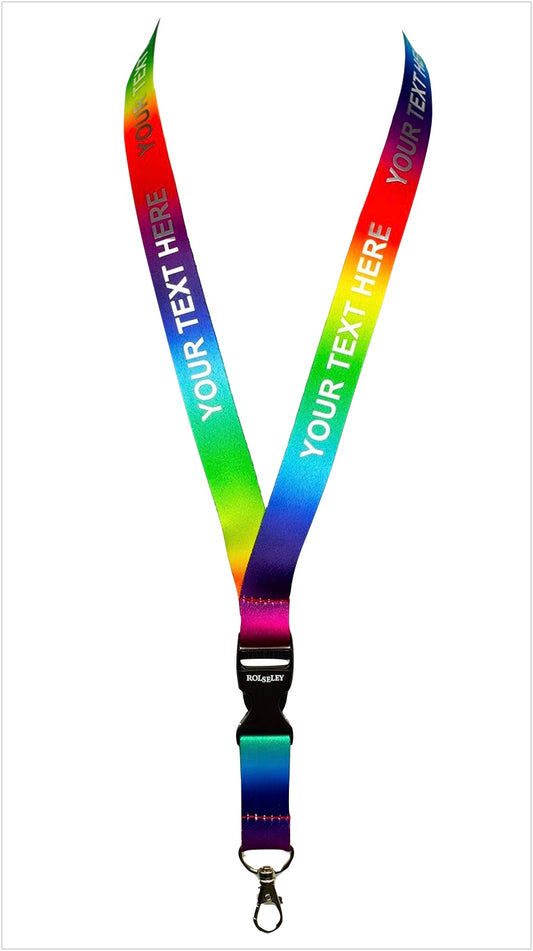 Įvairiaspalvė vaivorykštės raštų kaklajuostė su Jūsų tekstu baltame fone