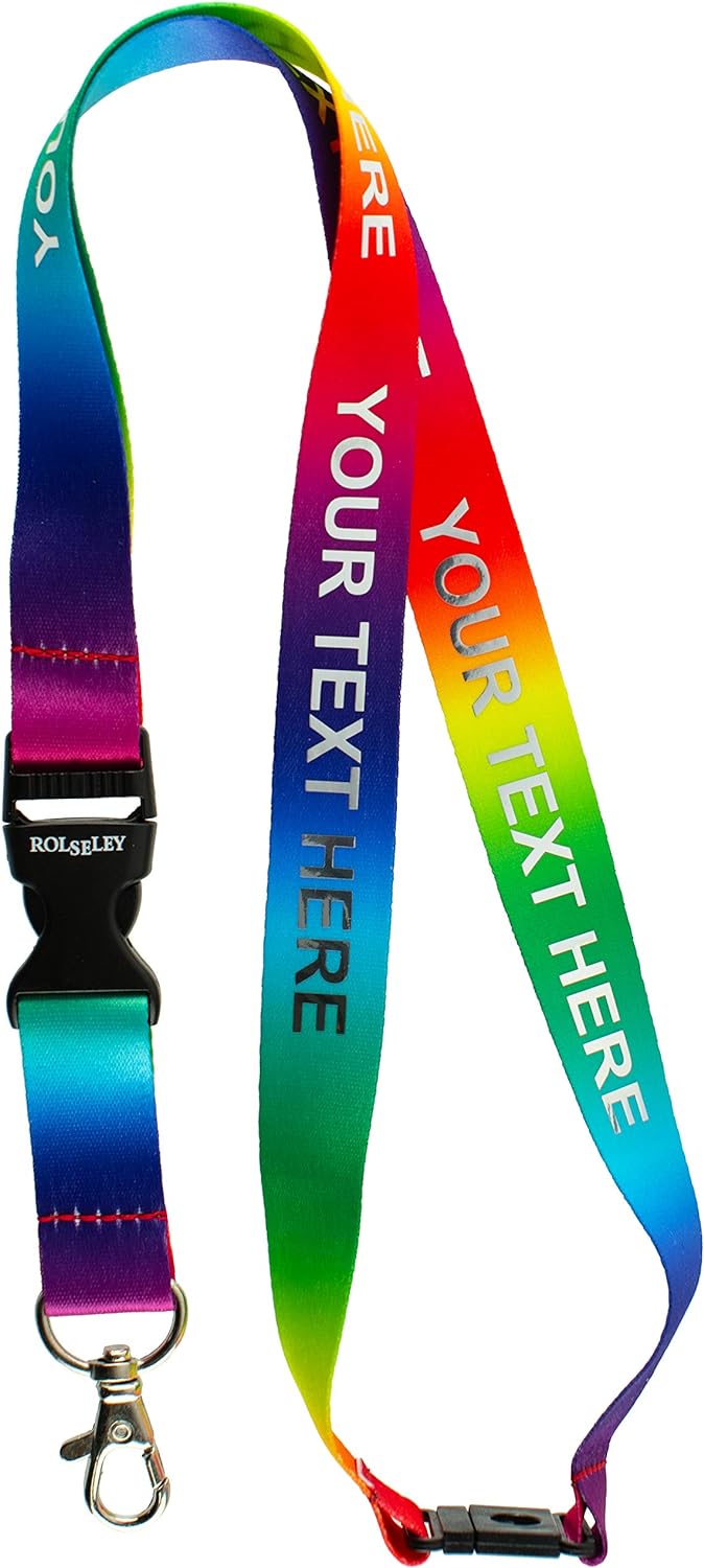 Įvairiaspalvė vaivorykštės raštų kaklajuostė su Jūsų tekstu perlenkta