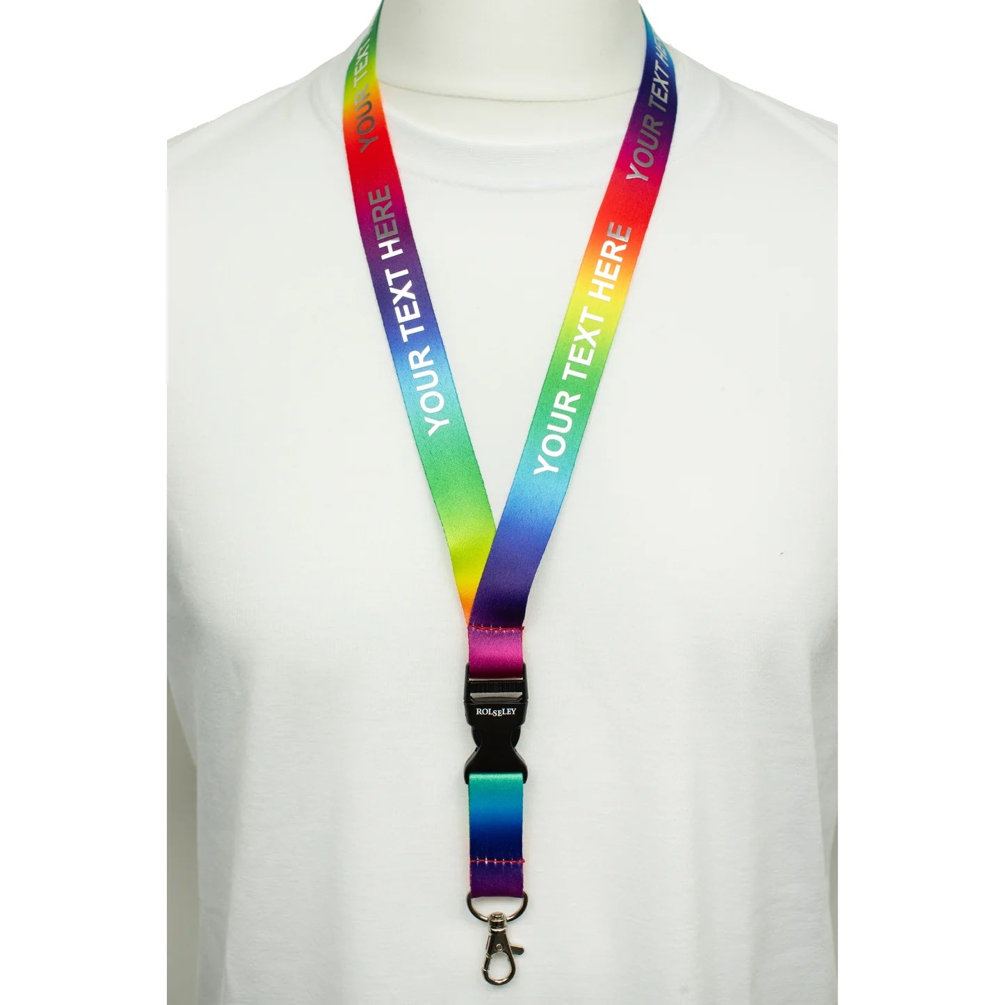 Įvairiaspalvė vaivorykštės raštų kaklajuostė su Jūsų tekstu ant balto manekeno