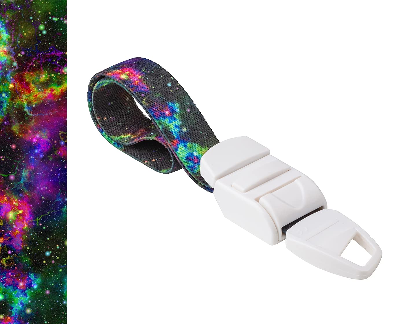 MEDICININIS TURNIKETAS su įvairiaspalviu galaktikos raštų dirželiu ir balta sagtele. Pateikiamas turniketo juostelės rašto paveikslėlis