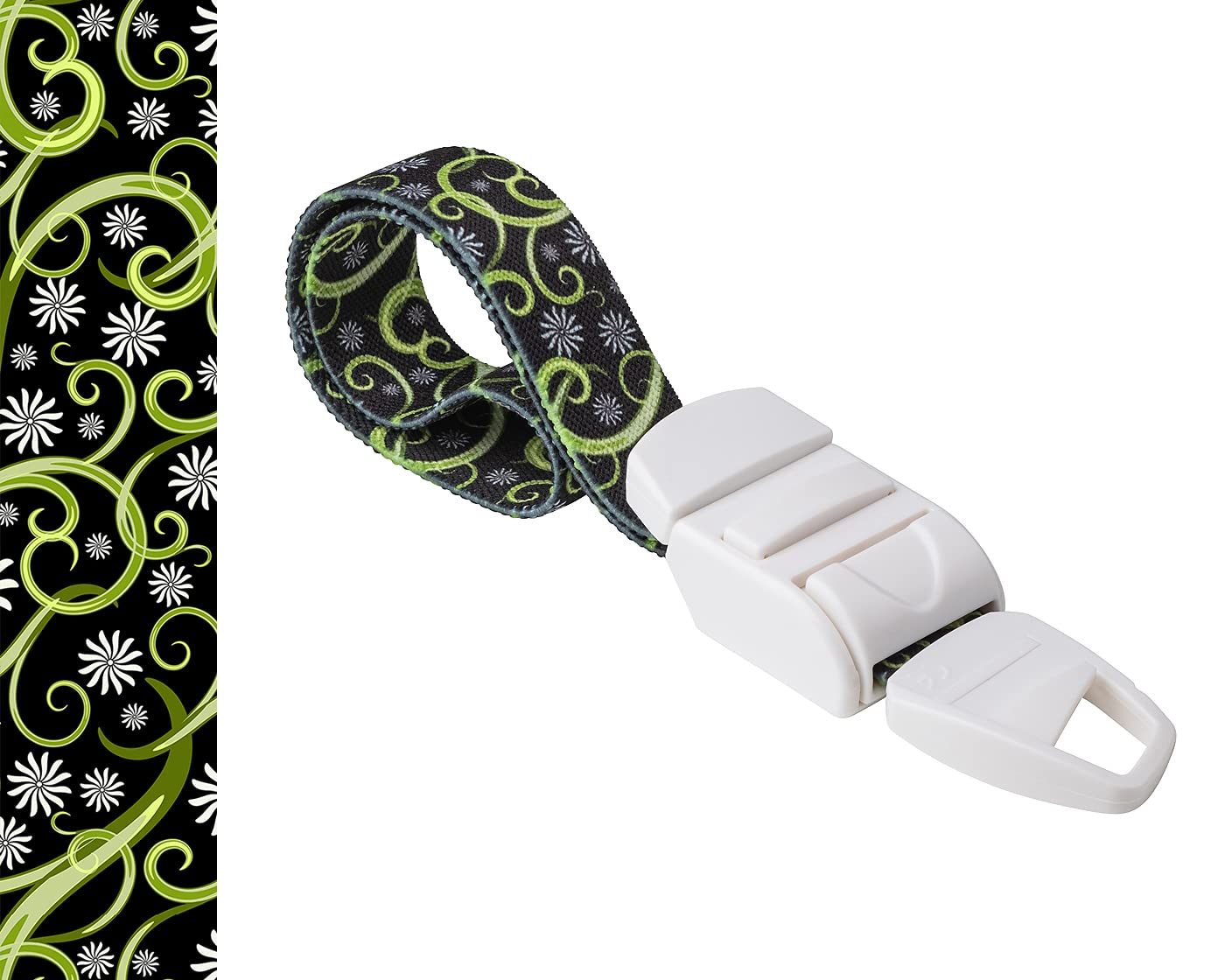 MEDICININIS TURNIKETAS su juodu žalių augalų raštų dirželiu ir balta sagtele. Pateikiamas turniketo juostelės rašto paveikslėlis