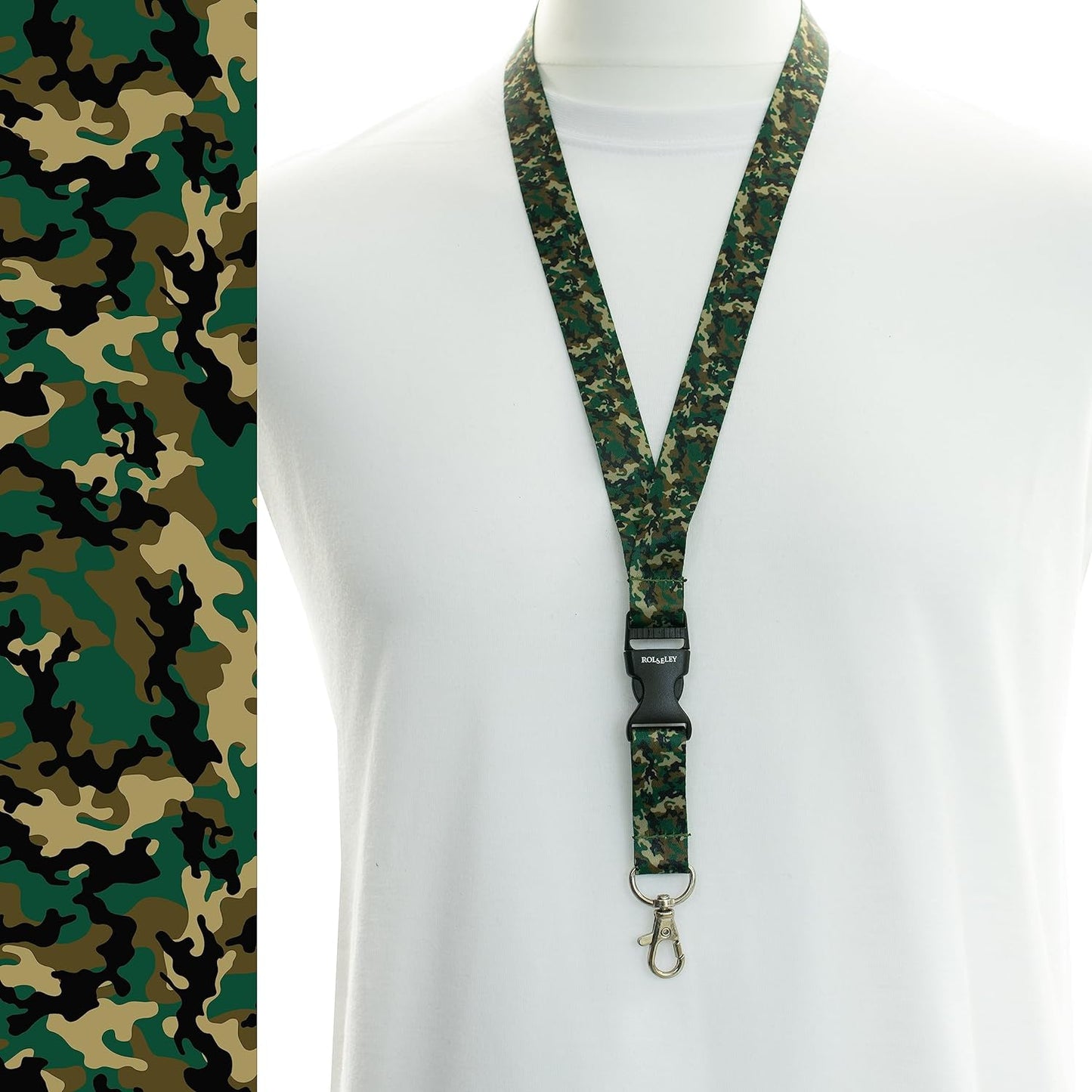 Kamufliažinių spalvų ir raštų kaklajuostė su Jūsų tekstu ant balto manekeno ir dirželio raštų paveikslėlis kairėje