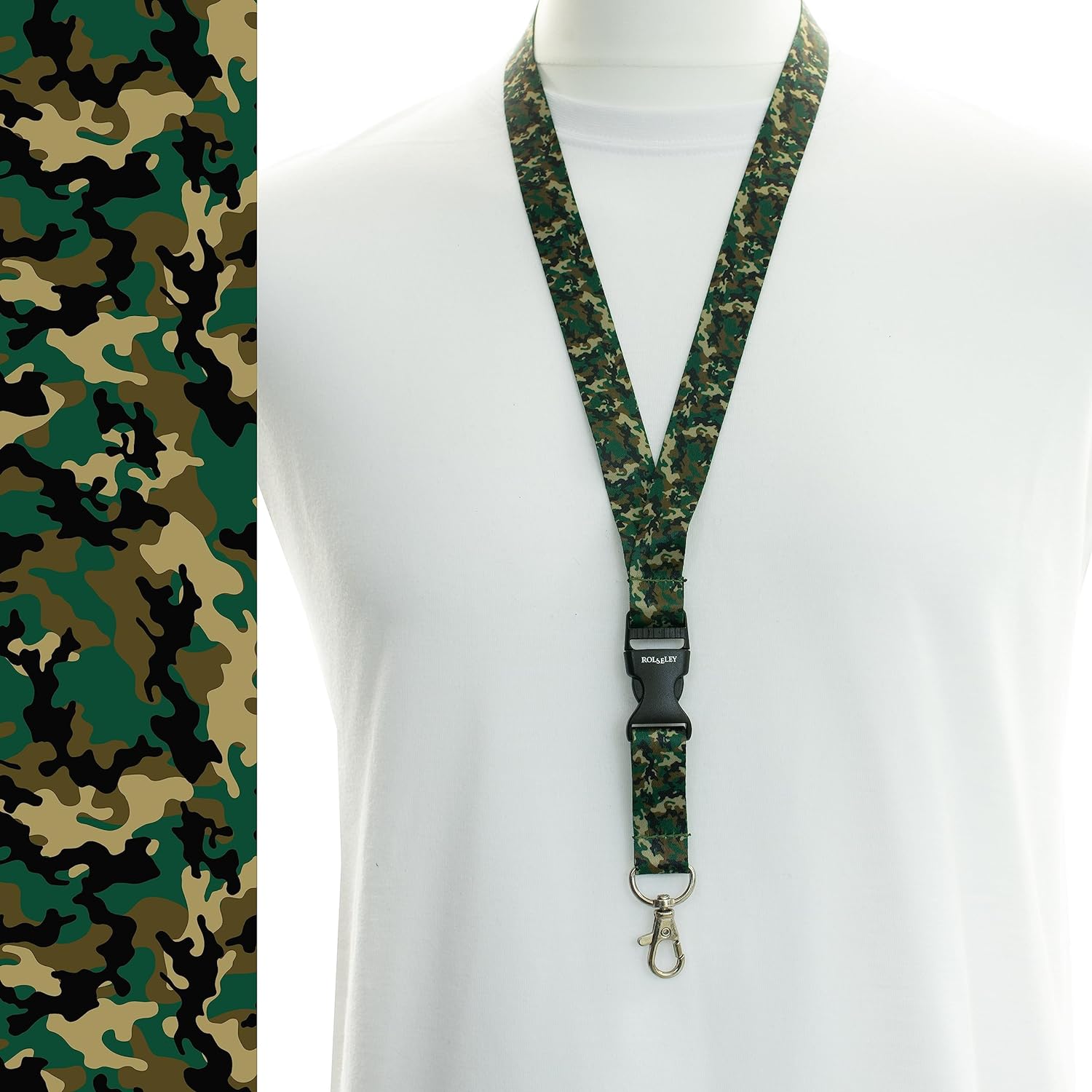 Kamufliažinių spalvų ir raštų kaklajuostė su Jūsų tekstu ant balto manekeno ir dirželio raštų paveikslėlis kairėje