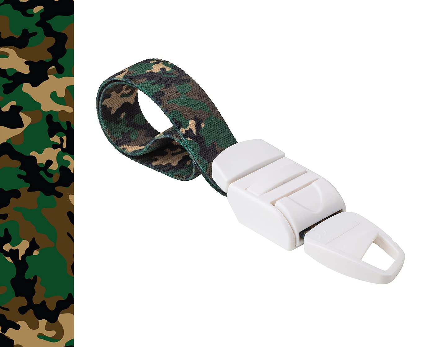 MEDICININIS TURNIKETAS su kariuomenės kamufliažo raštų dirželiu ir balta sagtele. Pateikiamas turniketo juostelės rašto paveikslėlis