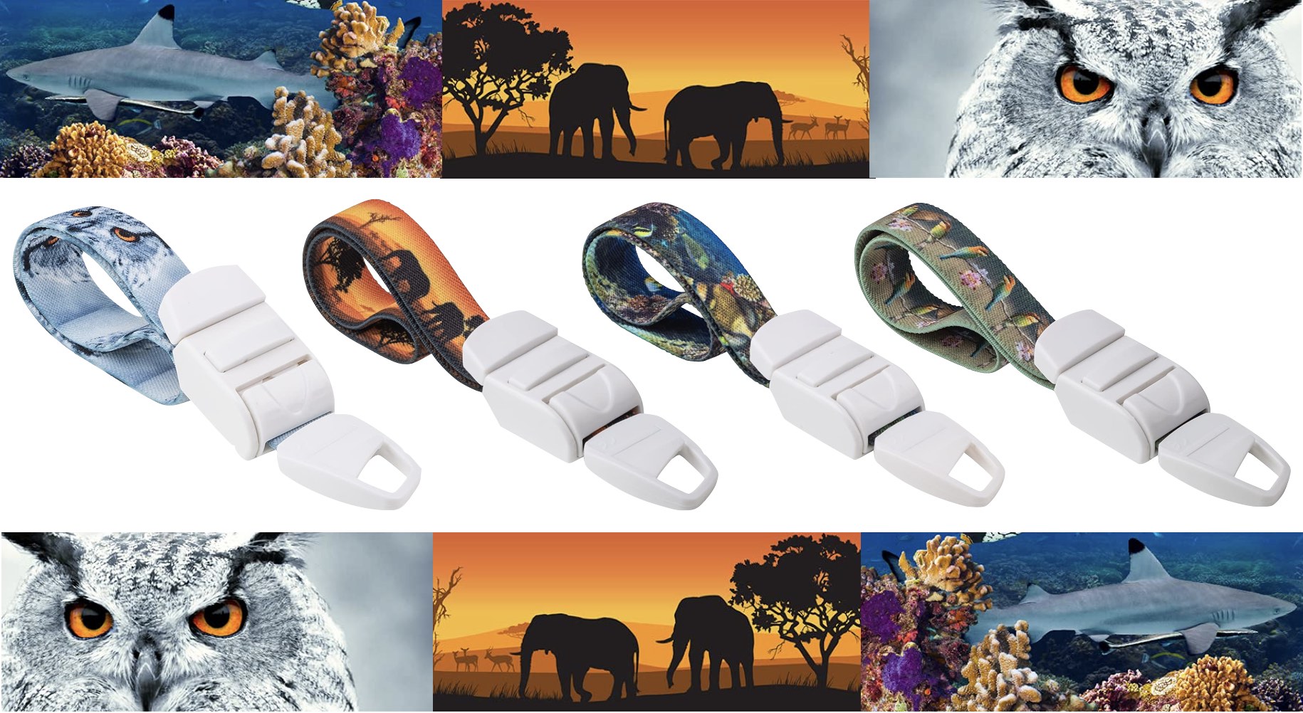 Kelionių raštų medicininių turniketų kolekcija su dirželių raštų paveikslėliais.