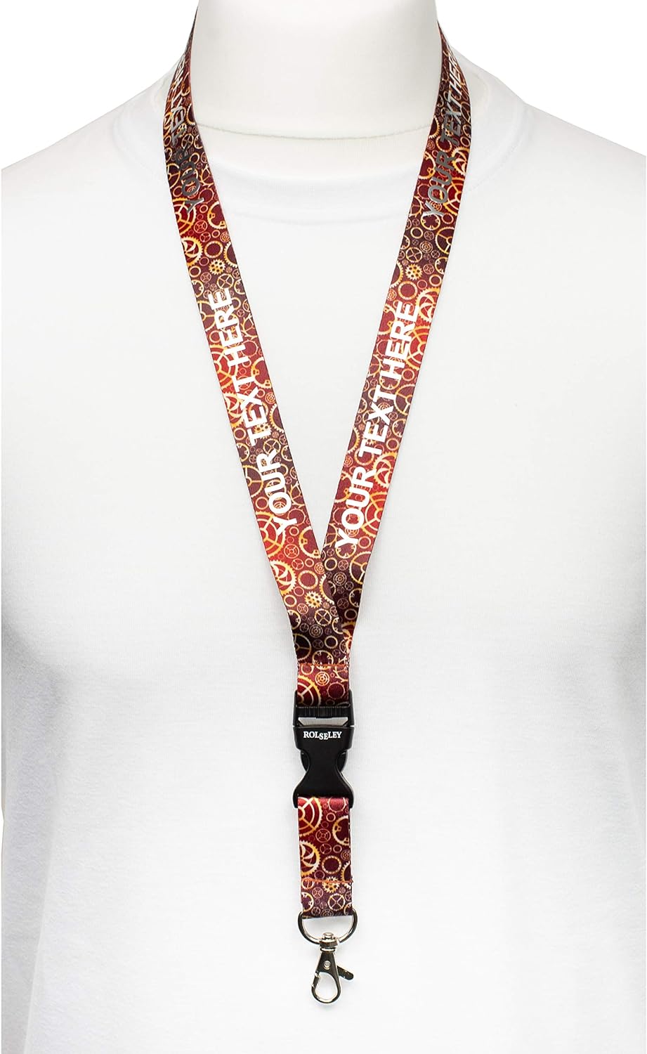 Krumpliaračių raštų kaklajuostė su Jūsų tekstu ant balto manekeno