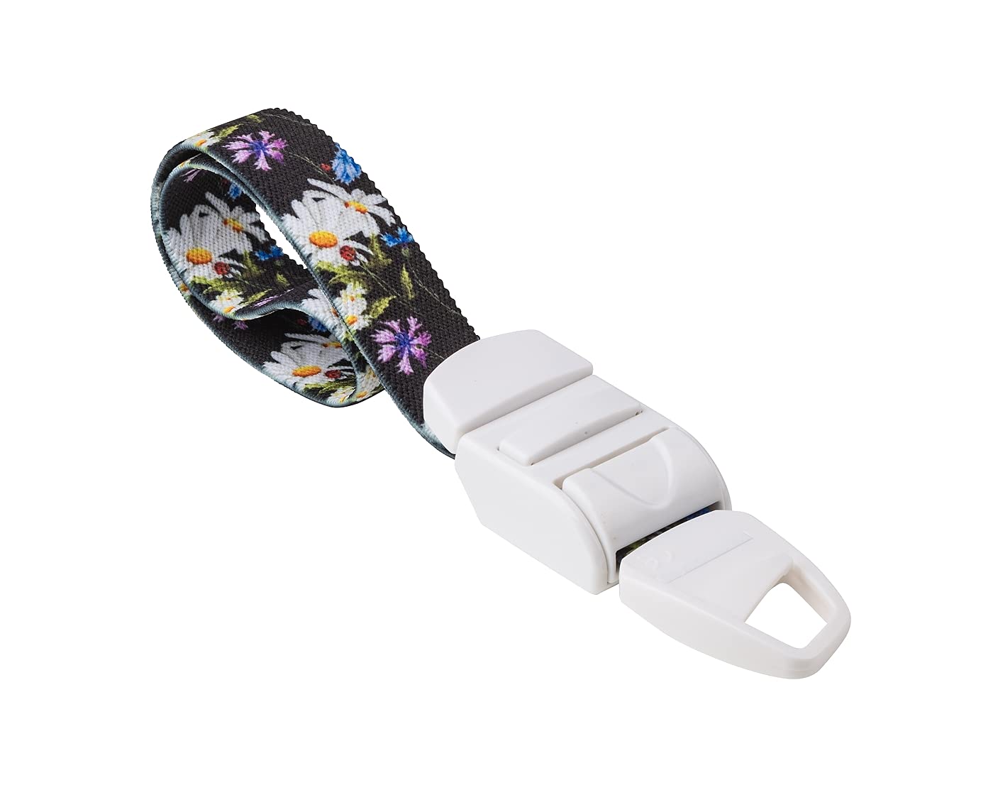 MEDICININIS TURNIKETAS su laukų gėlių raštų dirželiu ir balta sagtele.