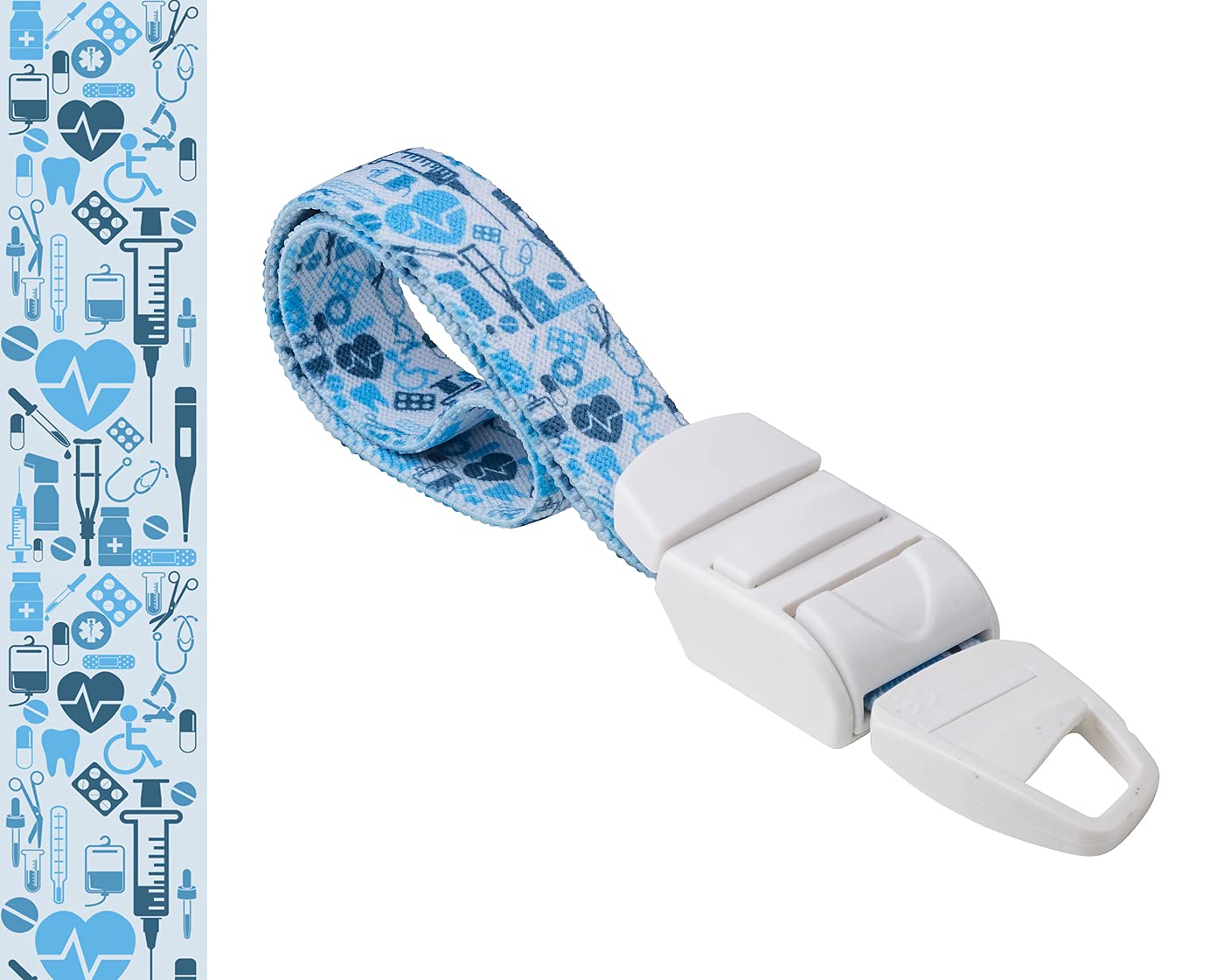 MEDICININIS TURNIKETAS su baltu mėlynų medicinos raštų dirželiu ir balta sagtele. Pateikiamas turniketo juostelės rašto paveikslėlis