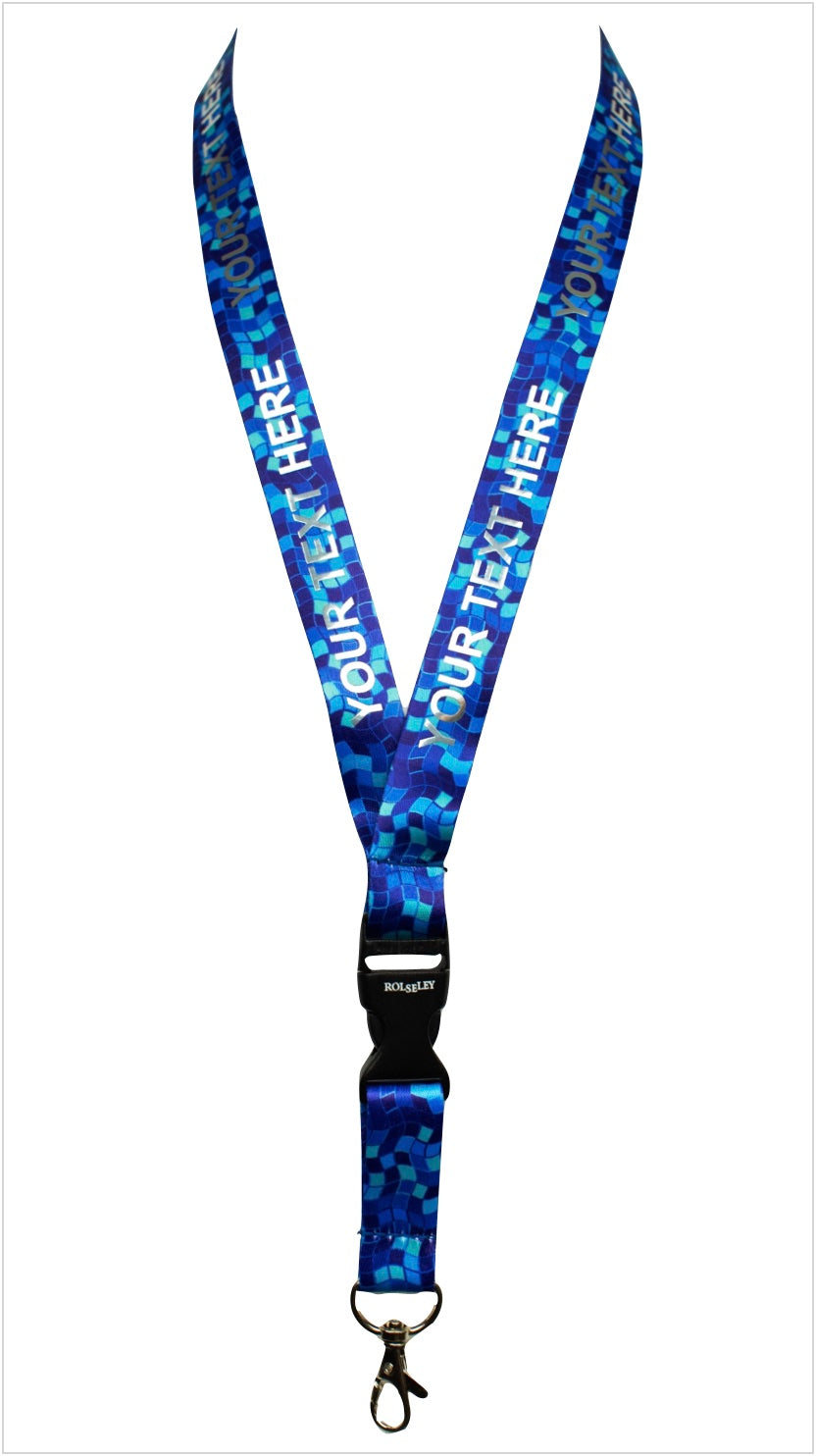 Mėlyna mozaikos raštų kaklajuostė su Jūsų tekstu baltame fone