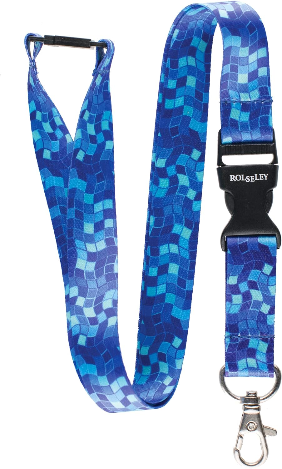 Mėlyna mozaikos raštų kaklajuostė su Jūsų tekstu sulenkta