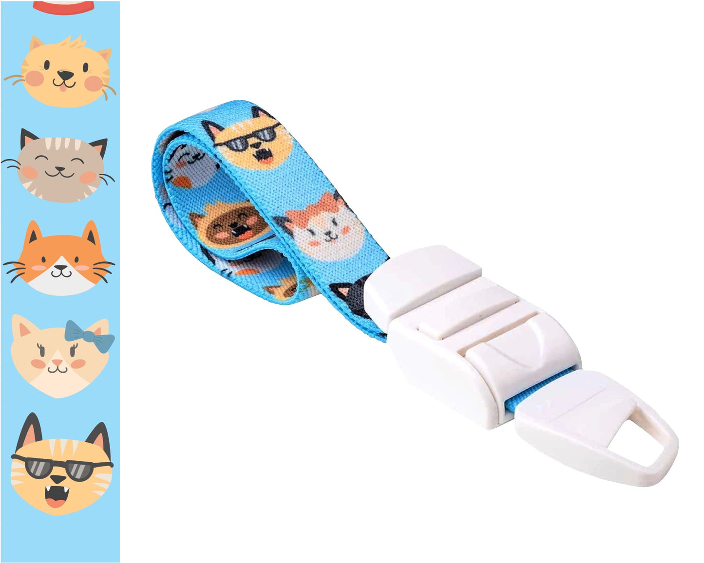 MEDICININIS TURNIKETAS su mėlynu animacinių kačių raštų dirželiu ir balta sagtele. Pateikiamas turniketo juostelės rašto paveikslėlis