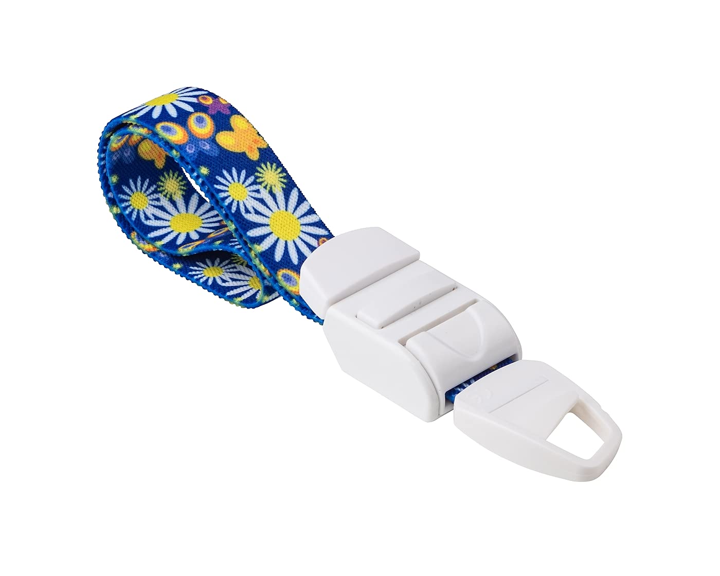 MEDICININIS TURNIKETAS su mėlynu ramunių raštų dirželiu ir balta sagtele.