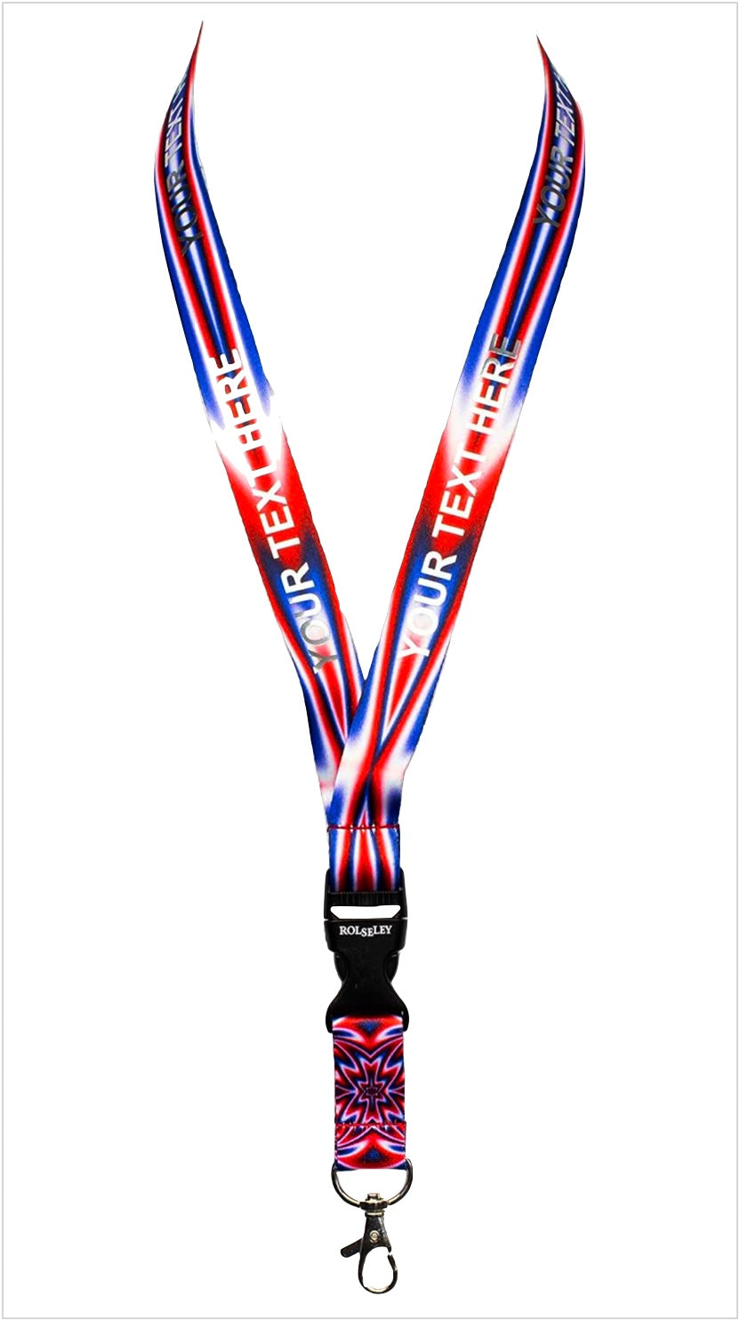 Mėlynos, baltos ir raudonos spalvų raštų kaklajuostė su Jūsų tekstu baltame fone