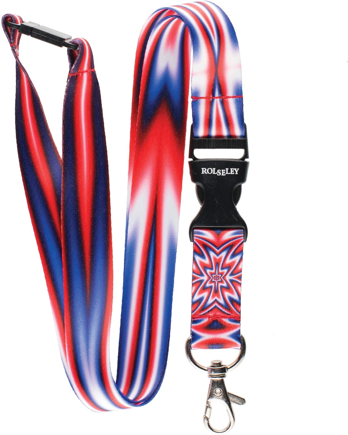 Mėlynos, baltos ir raudonos spalvų raštų kaklajuostė su Jūsų tekstu perlenkta