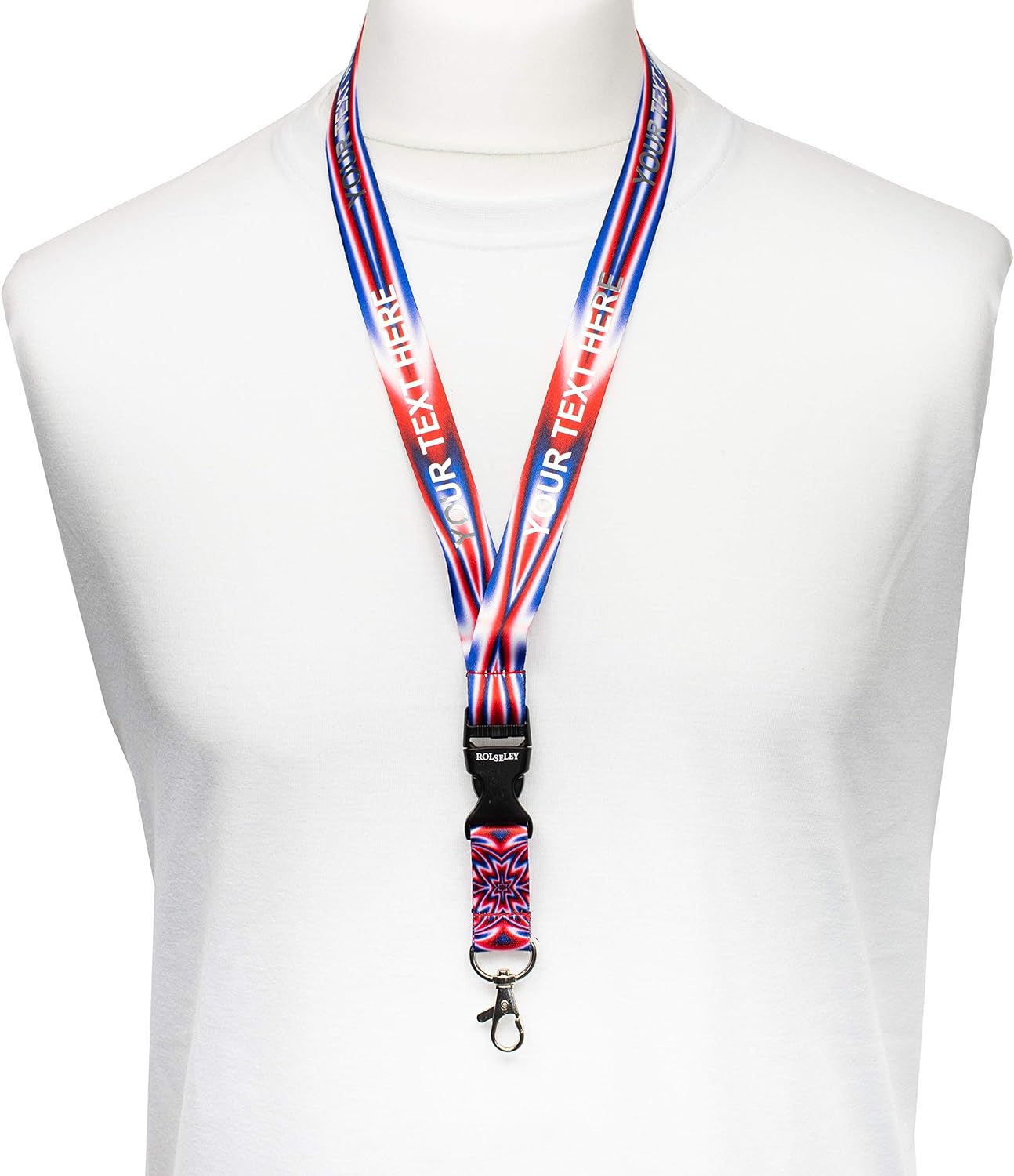 Mėlynos, baltos ir raudonos spalvų raštų kaklajuostė su Jūsų tekstu ant balto manekeno