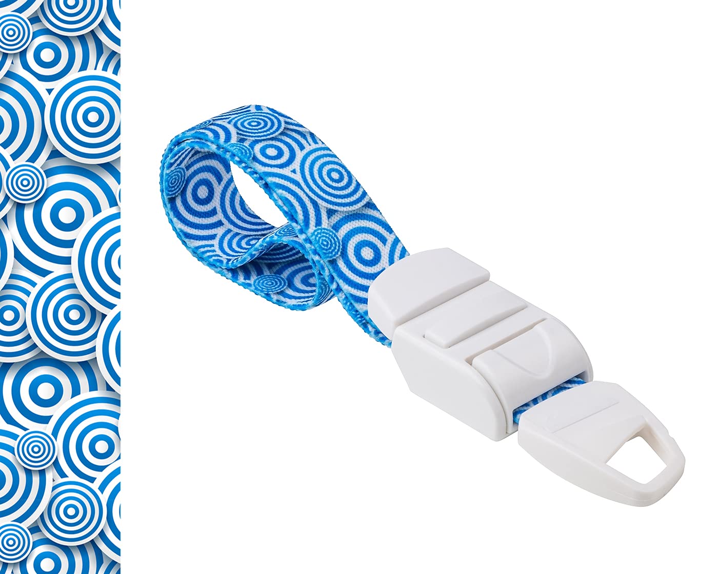 MEDICININIS TURNIKETAS su mėlynu apskritimų raštų dirželiu ir balta sagtele. Pateikiamas turniketo juostelės rašto paveikslėlis