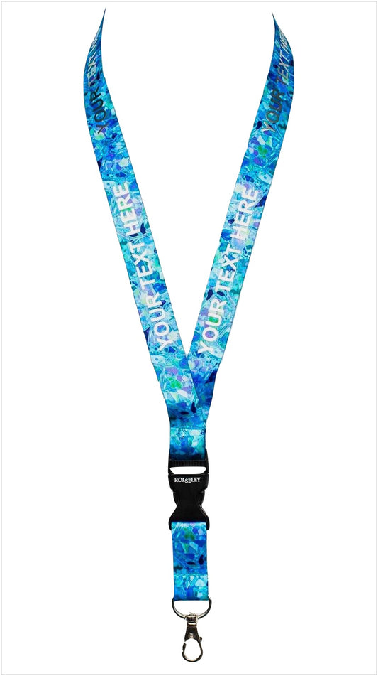 Mėlynų, žalių kristalų raštų kaklajuostė su Jūsų tekstu baltame fone