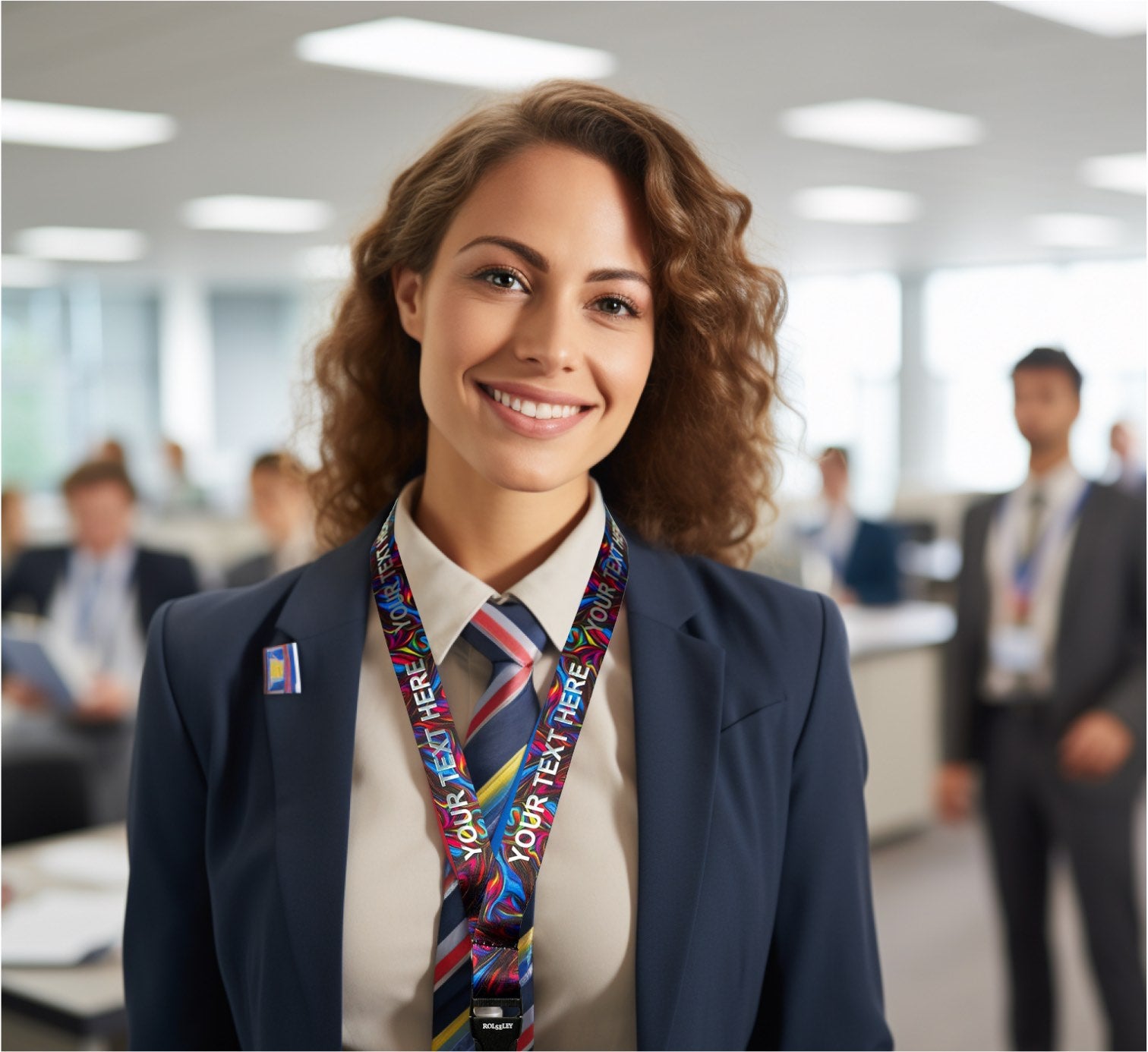 Moteris ofise su spalvų srauto kaklajuoste