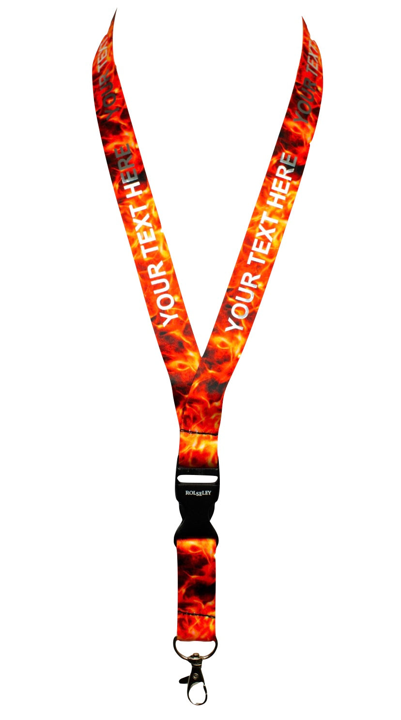 Oranžinė liepsnos raštų kaklajuostė su Jūsų tekstu baltame fone