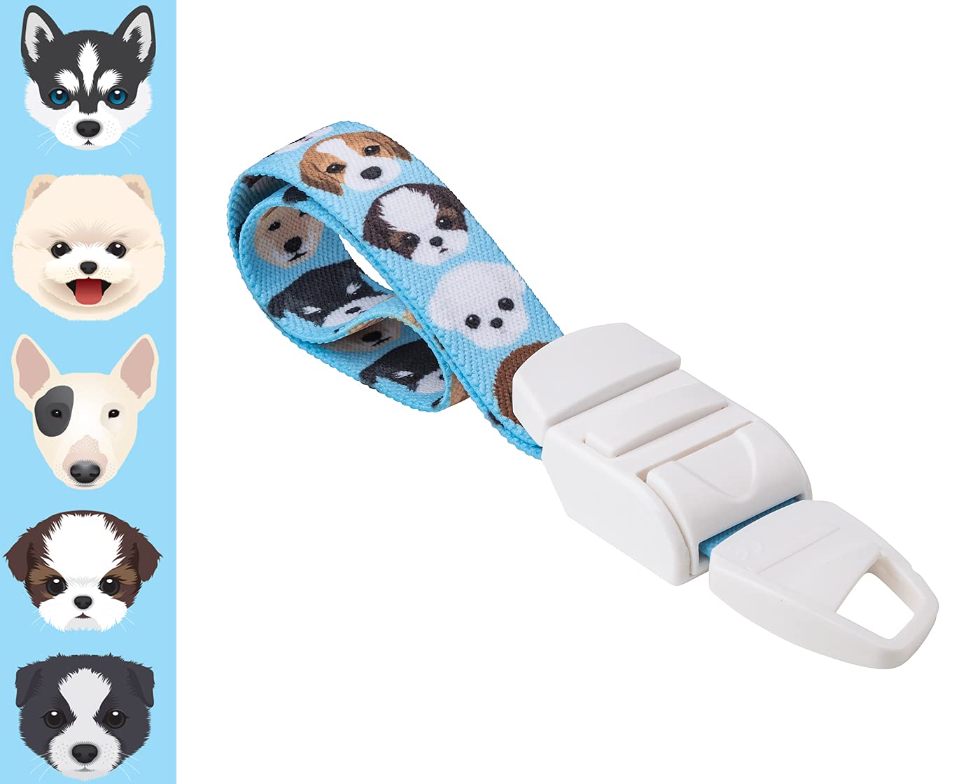 MEDICININIS TURNIKETAS su žydru šuniukų raštų dirželiu ir balta sagtele. Pateikiamas turniketo juostelės rašto paveikslėlis