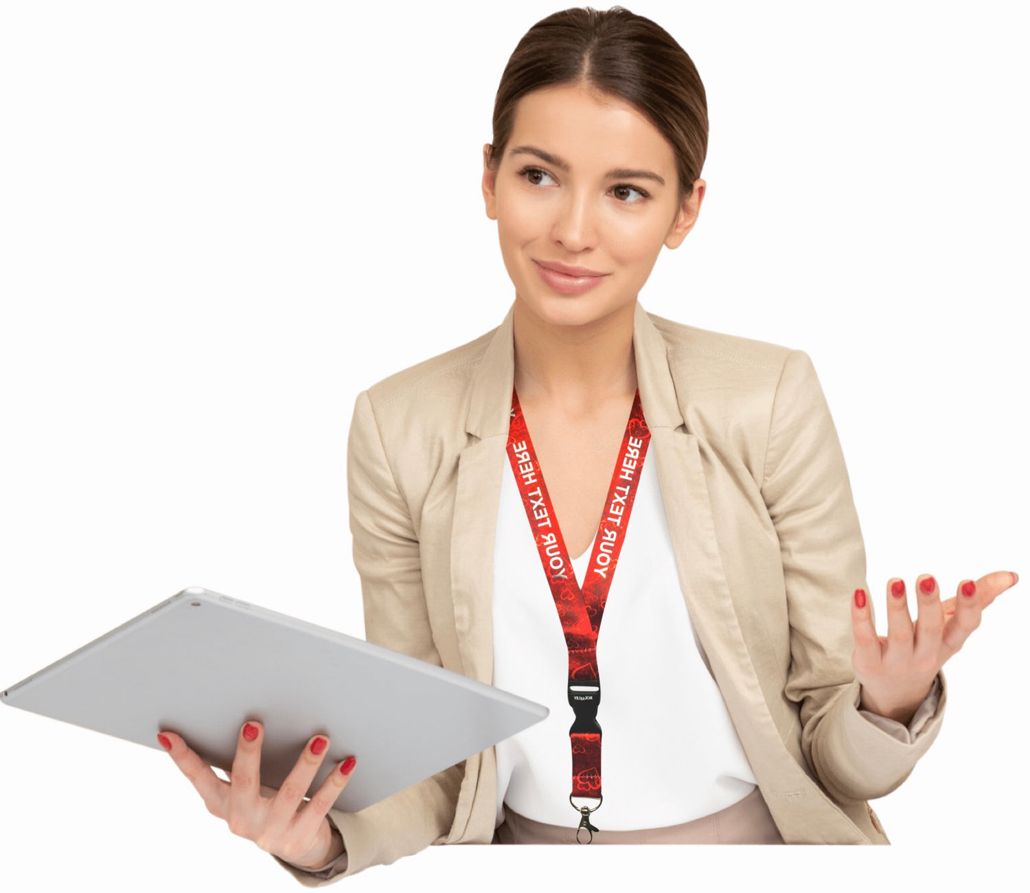 Vadovė su raudona širdelių raštų kaklajuoste