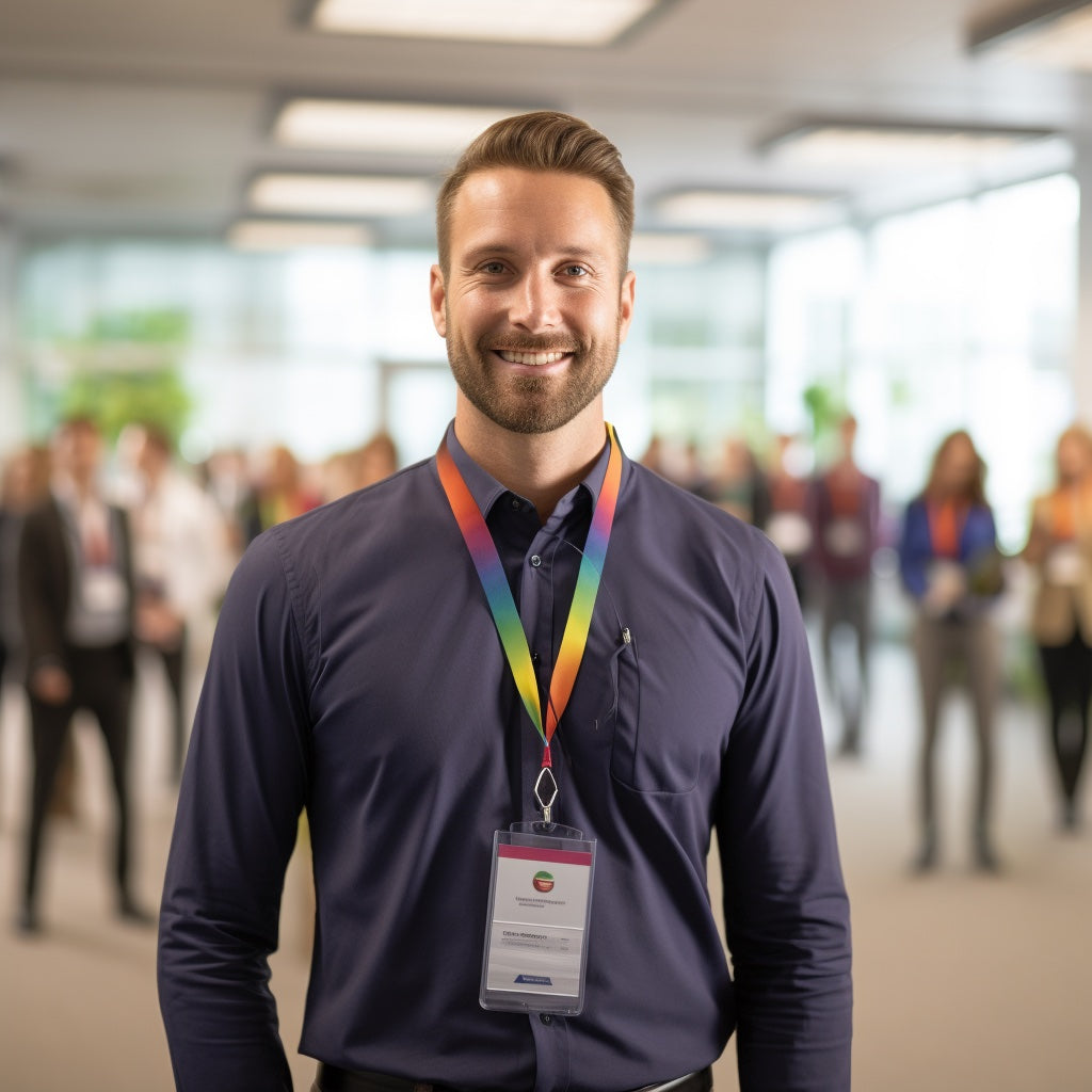 Vadybininkas su vaivorykštės spalvų kaklajuoste