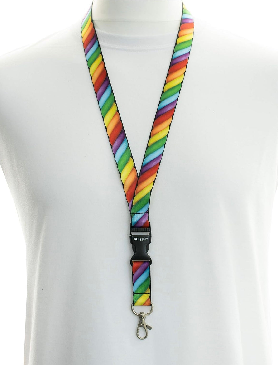 Vaivorykštinių virvės raštų kaklajuostė su Jūsų tekstu ant balto manekeno