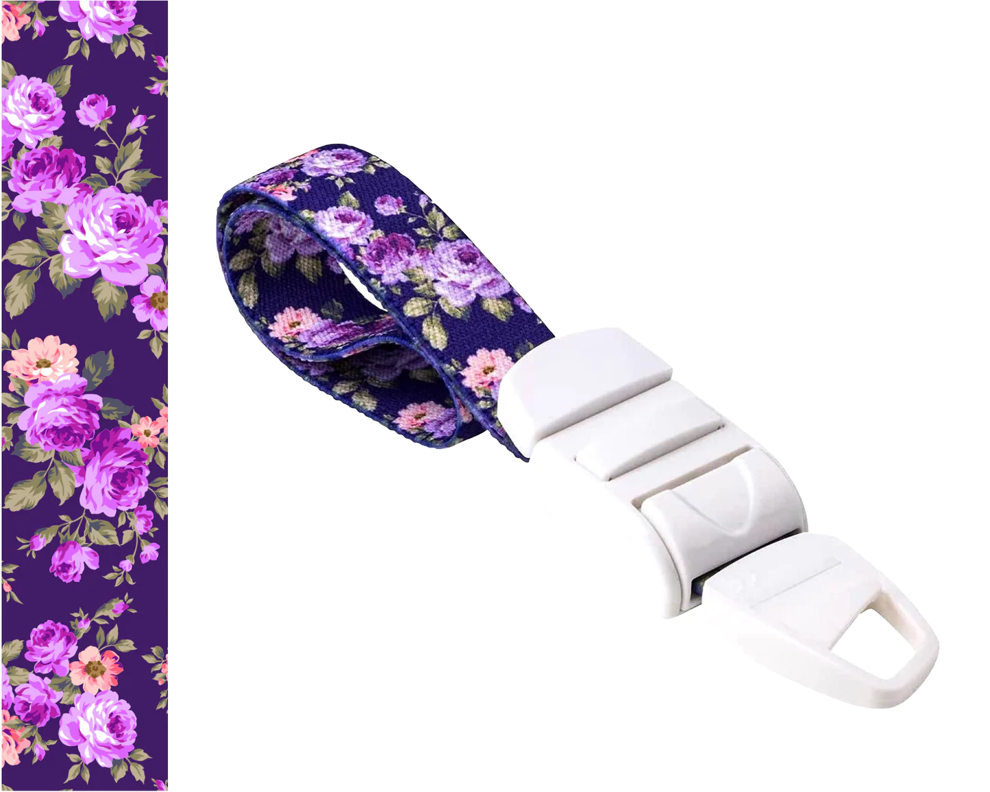 MEDICININIS TURNIKETAS su violetiniu gėlių raštų dirželiu ir balta sagtele. Pateikiamas turniketo juostelės rašto paveikslėlis
