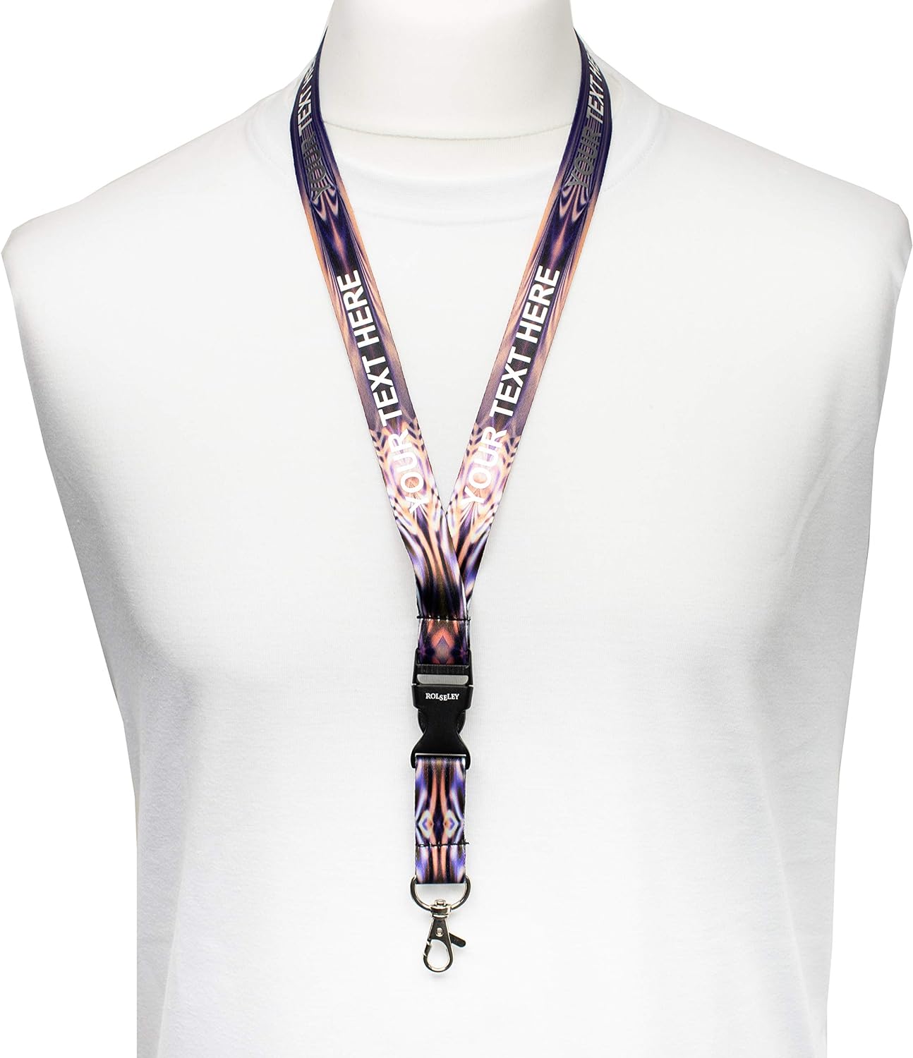 Violetinių plazmos raštų kaklajuostė su Jūsų tekstu ant balto manekeno