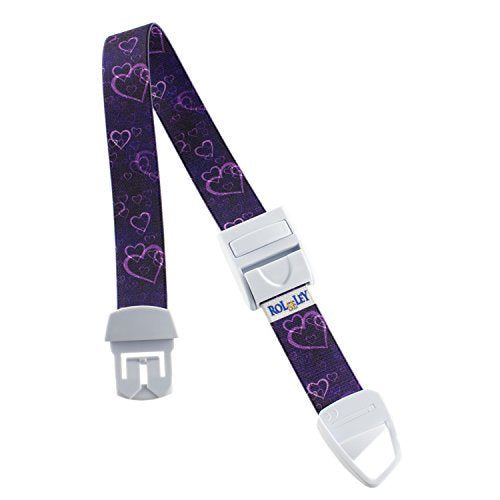 MEDICININIS TURNIKETAS su violetiniu širdelių raštų dirželiu ir balta sagtele.