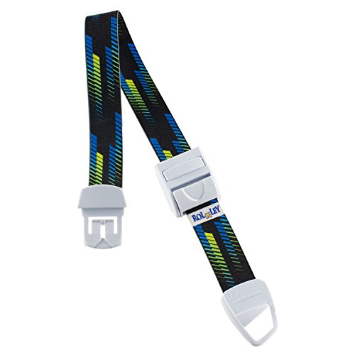 MEDICININIS TURNIKETAS su spalvotu sporto raštų dirželiu ir balta sagtele.