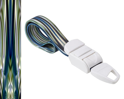 MEDICININIS TURNIKETAS su abstrakčių pelėsio spalvų raštų dirželiu ir balta sagtele.  Pateikiamas turniketo juostelės rašto paveikslėlis