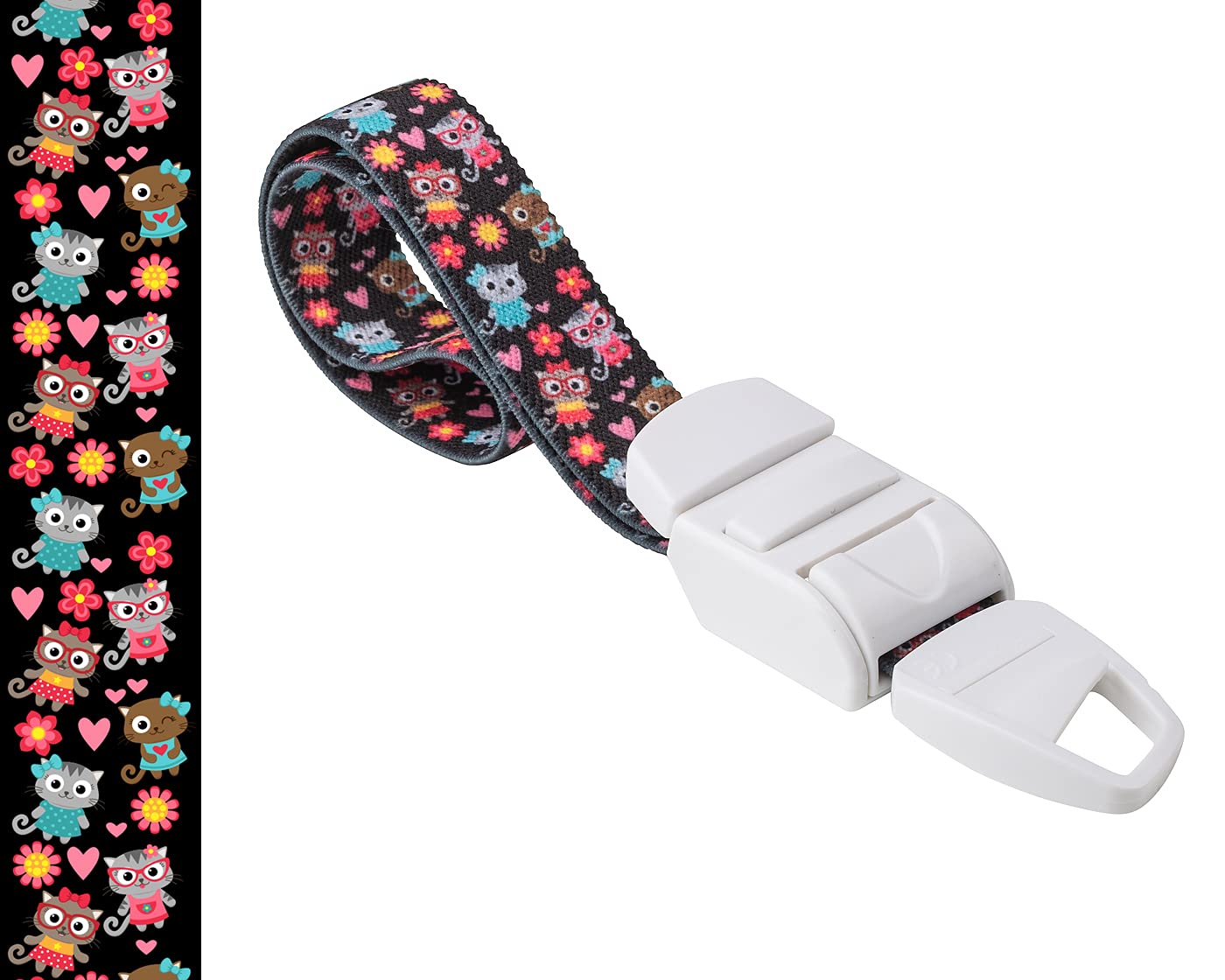Medicininis turniketas juodos spalvos su spalvotais animuotų kačių ir gėlių raštais. Turniketo juostelės rašto paveikslėlis