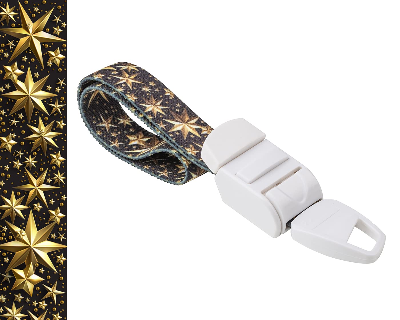 MEDICININIS TURNIKETAS su auksinių žvaigždžių raštų dirželiu ir balta sagtele. Pateikiamas turniketo juostelės rašto paveikslėlis