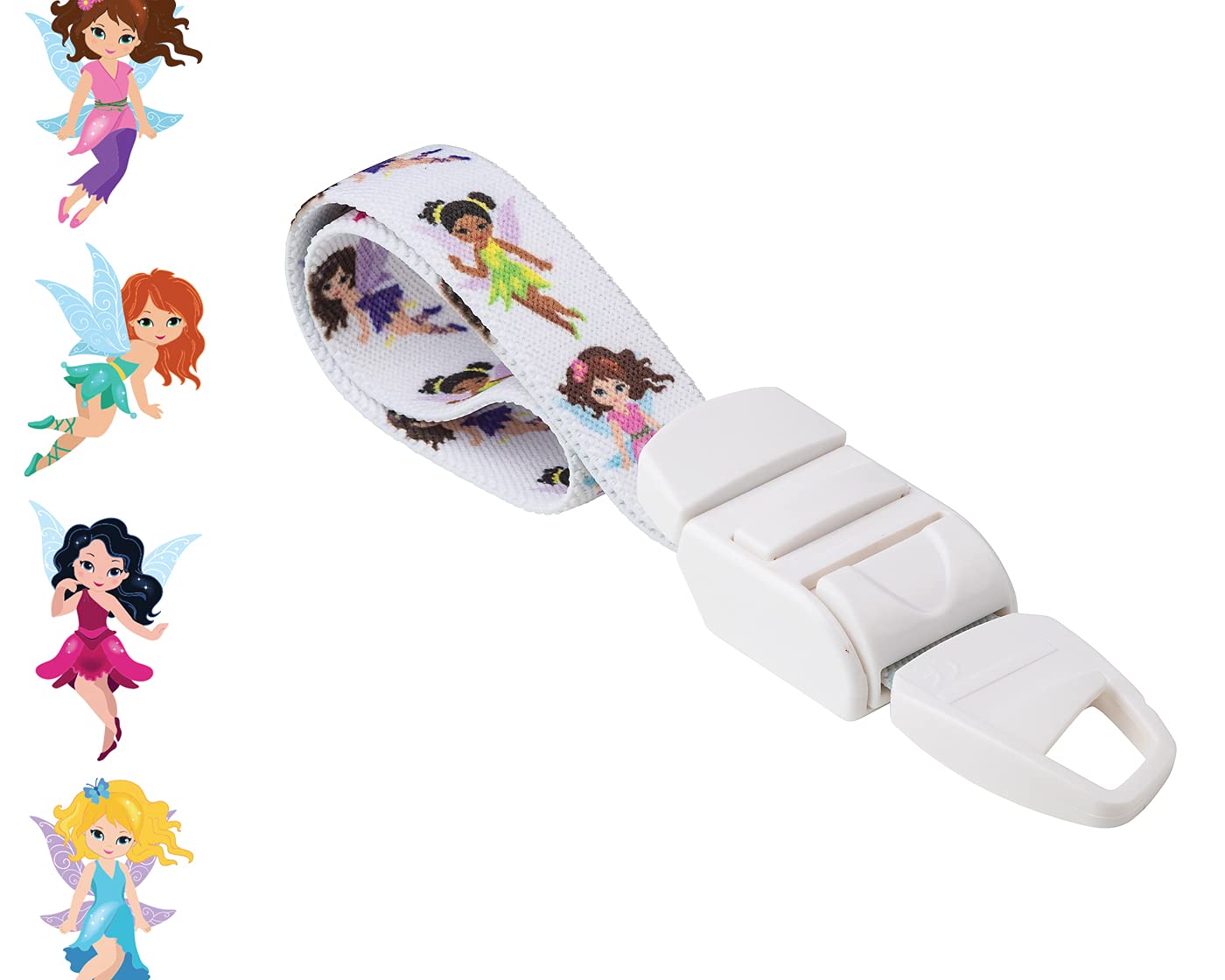 MEDICININIS TURNIKETAS su baltu fėjų raštų dirželiu ir balta sagtele. Pateikiamas turniketo juostelės rašto paveikslėlis