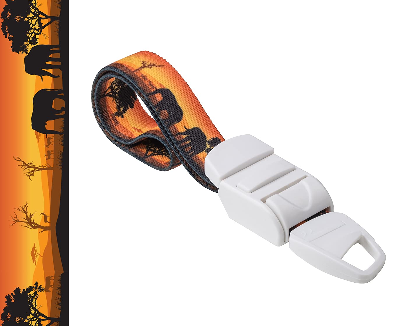 MEDICININIS TURNIKETAS su dramblių ir saulėlydžio raštų dirželiu ir balta sagtele. Pateikiamas turniketo juostelės rašto paveikslėlis