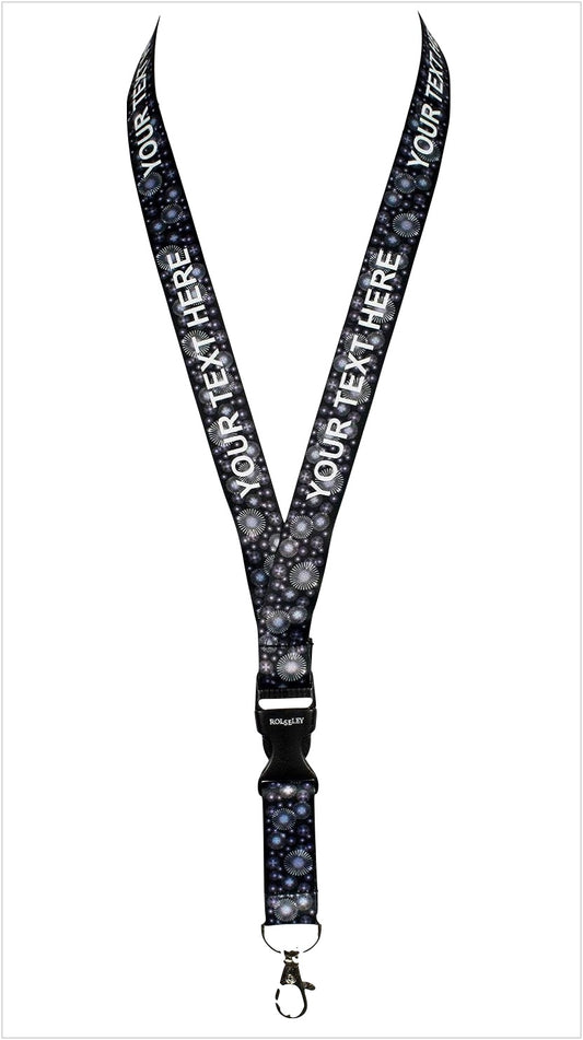 Juoda baltų sferų raštų kaklajuostė su Jūsų tekstu baltame fone