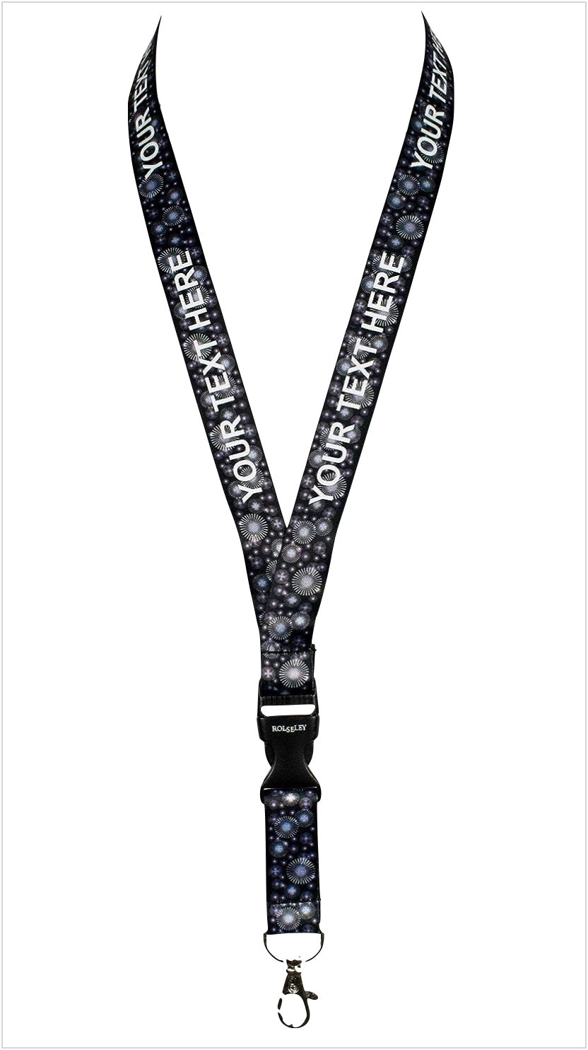 Juoda baltų sferų raštų kaklajuostė su Jūsų tekstu baltame fone