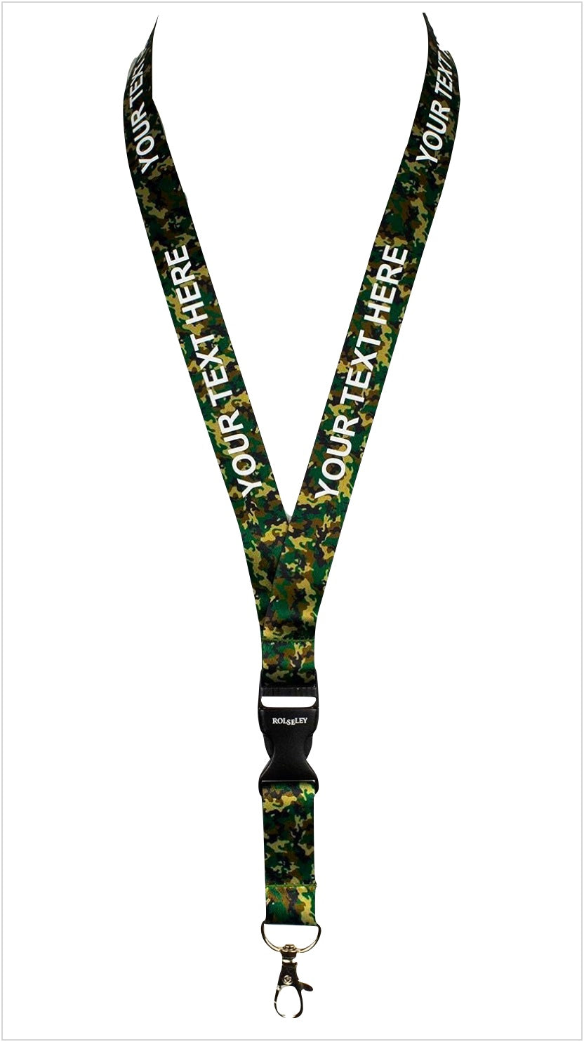 Kamufliažinių spalvų ir raštų kaklajuostė su Jūsų tekstu baltame fone