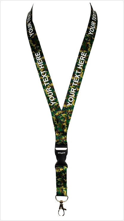 Kamufliažinių spalvų ir raštų kaklajuostė su Jūsų tekstu baltame fone