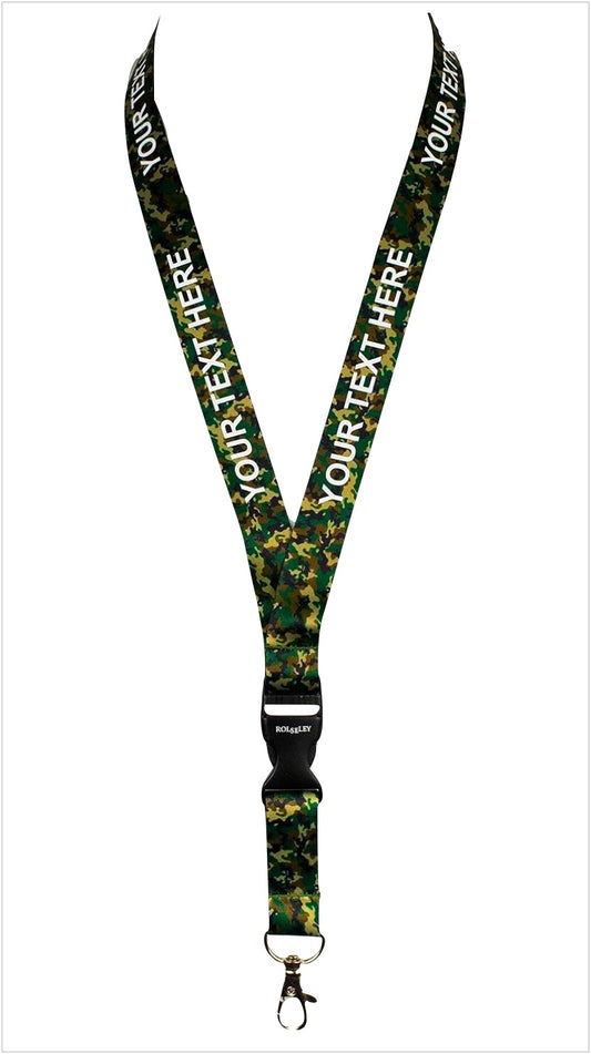 Kamufliažinių spalvų ir raštų kaklajuostė su Jūsų tekstu baltame fone