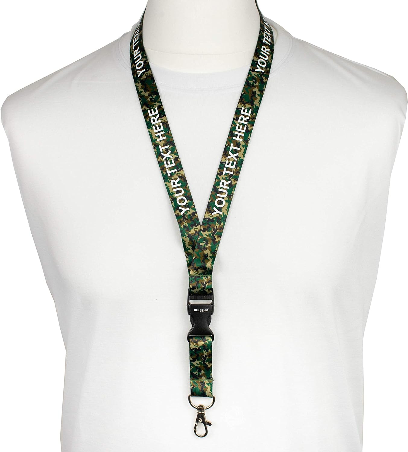 Kamufliažinių spalvų ir raštų kaklajuostė su Jūsų tekstu ant balto manekeno