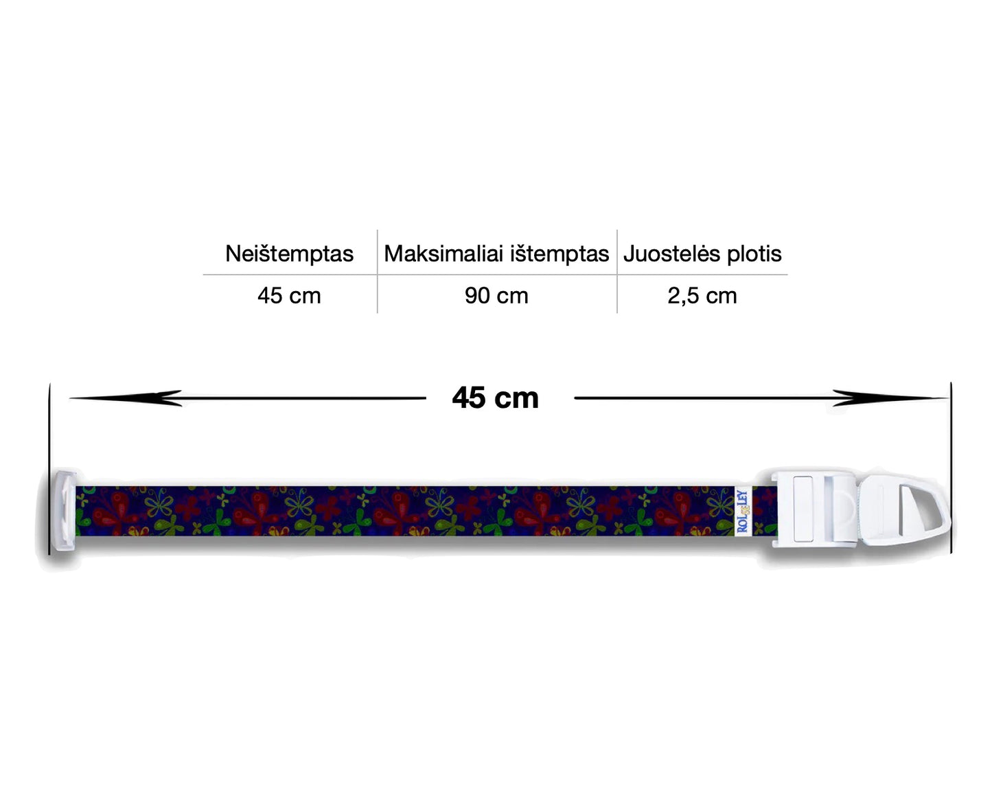 Medicininio turniketo išmatavimai. Neištemptas - 45 cm, maksimaliai ištemptas - 90 cm.Juostelės plotis - 2,5 cm.