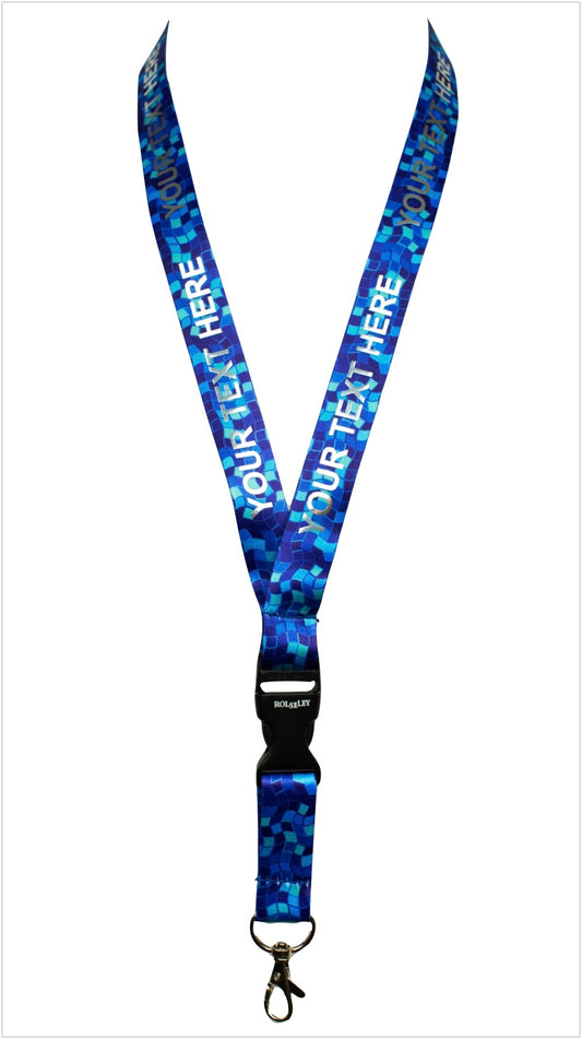 Mėlyna mozaikos raštų kaklajuostė su Jūsų tekstu baltame fone