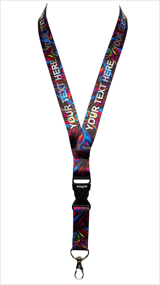 Spalvų srauto raštų kaklajuostė su Jūsų tekstu baltame fone