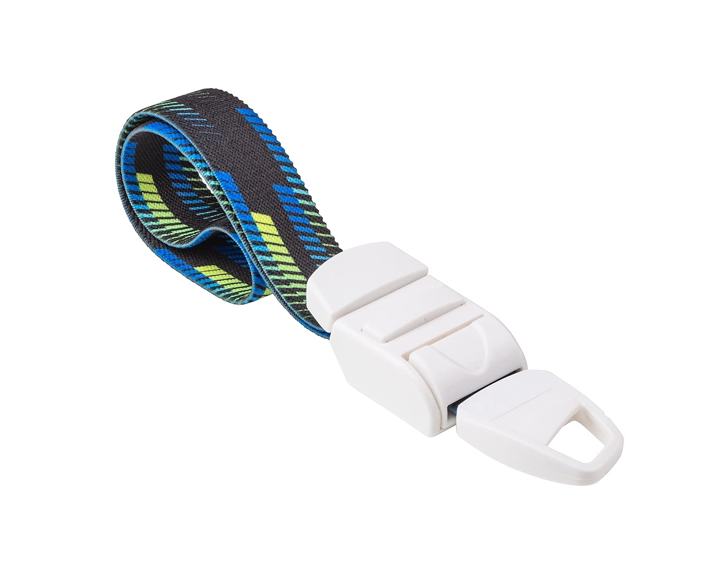 MEDICININIS TURNIKETAS su spalvotu sporto raštų dirželiu ir balta sagtele.