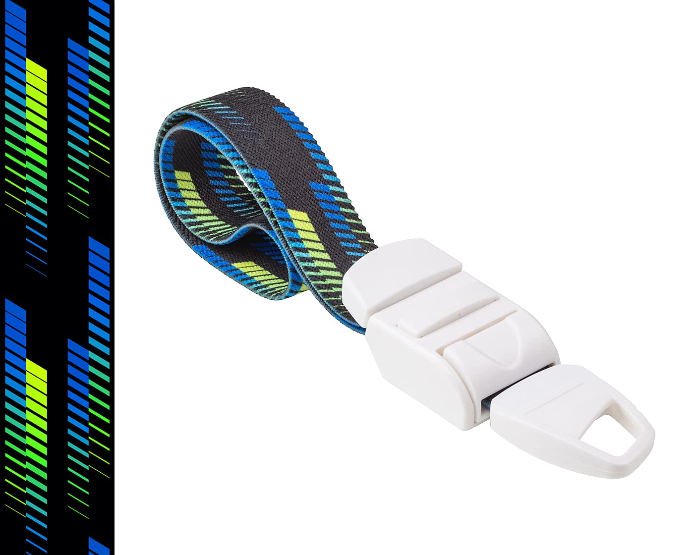 MEDICININIS TURNIKETAS su spalvotu sporto raštų dirželiu ir balta sagtele. Pateikiamas turniketo juostelės rašto paveikslėlis