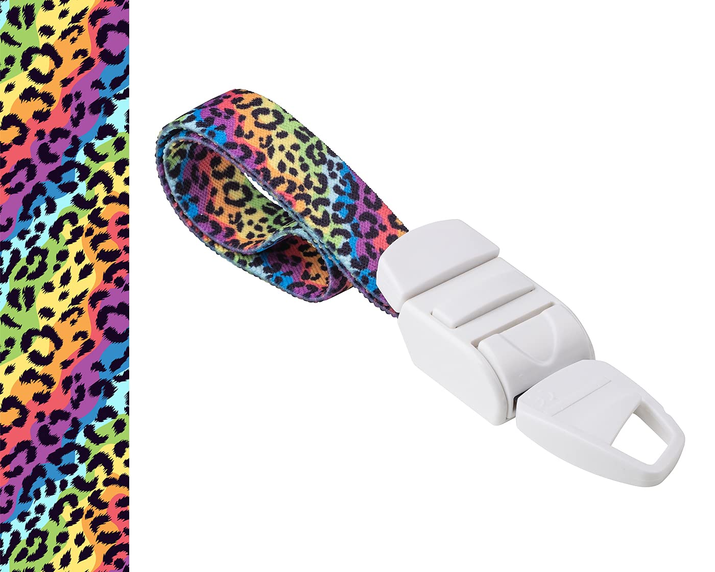 MEDICININIS TURNIKETAS su vaivorykštės spalvų leopardo raštų dirželiu ir balta sagtele. Pateikiamas turniketo juostelės rašto paveikslėlis