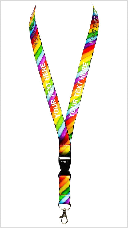 Vaivorykštinių virvės raštų kaklajuostė su Jūsų tekstu baltame fone